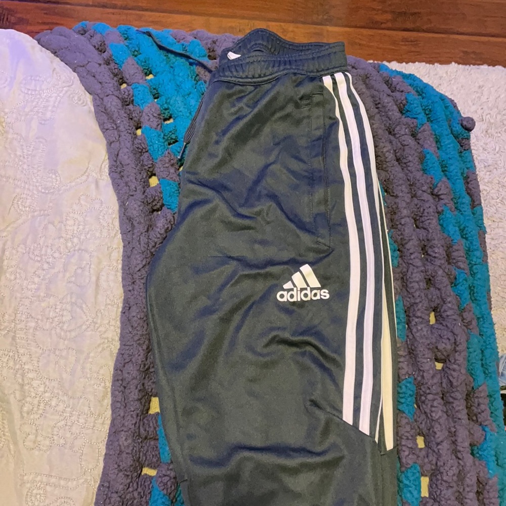 Gray and White Adidas track pants Size s